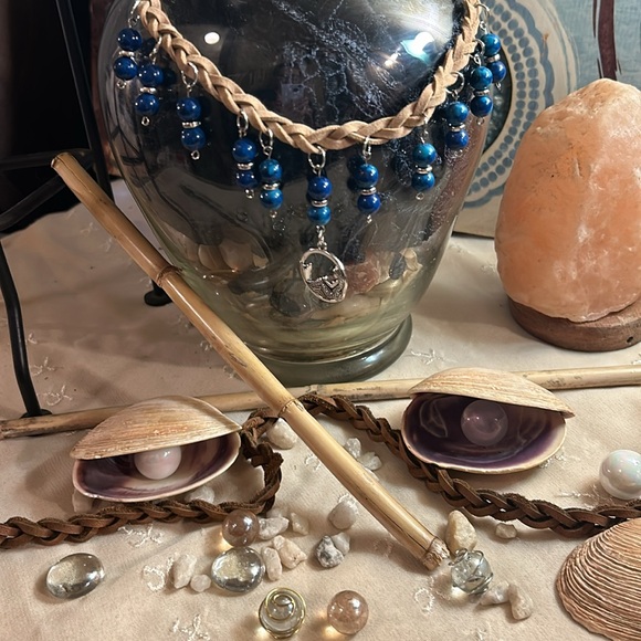 Tan Faux Suede Braided Choker, Blue Stones & Mermaid charm - Picture 3 of 7